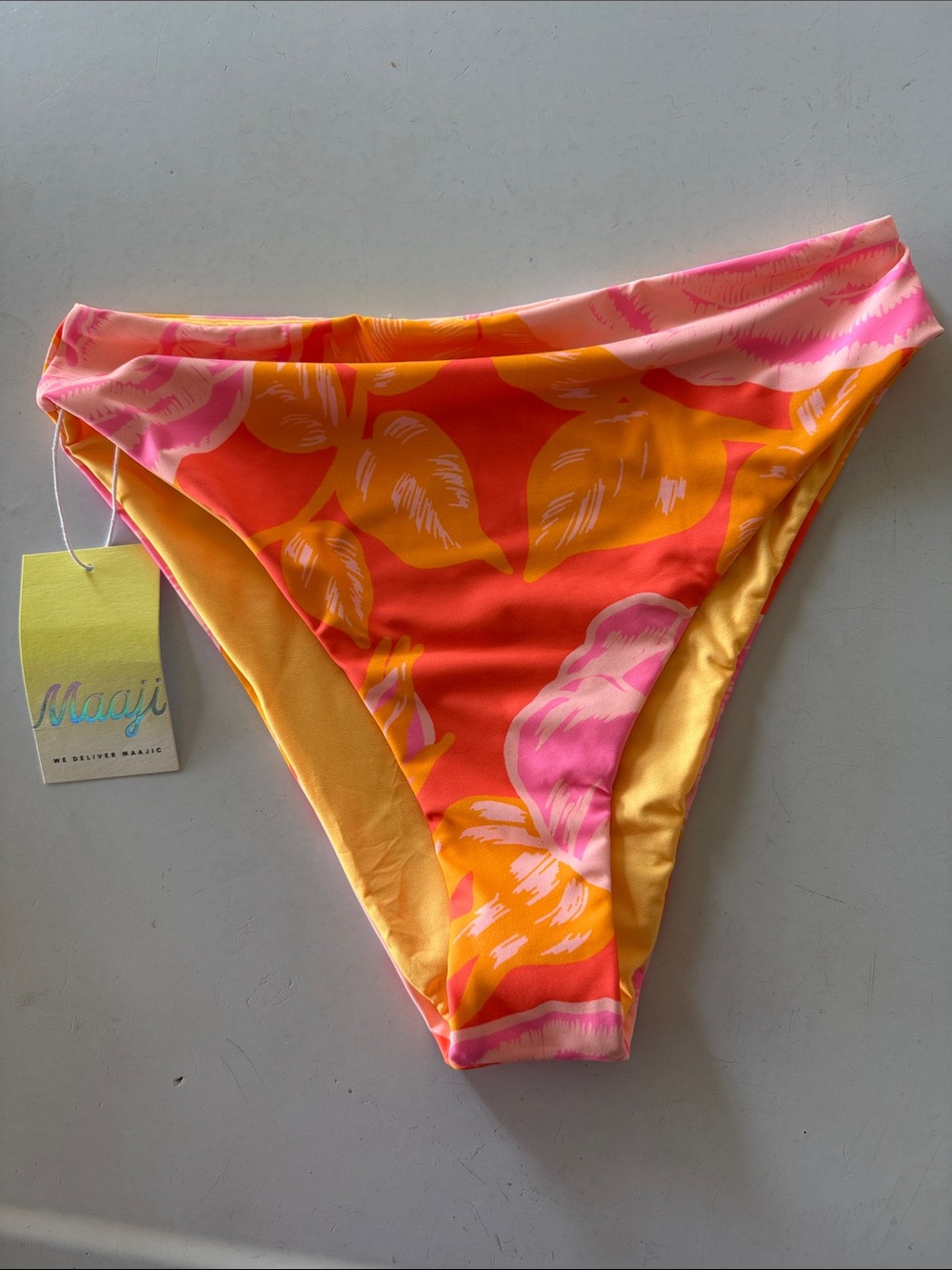 Maaji Pink & Orange Tropical Leaf Bikini Bottom, Large, New with tags